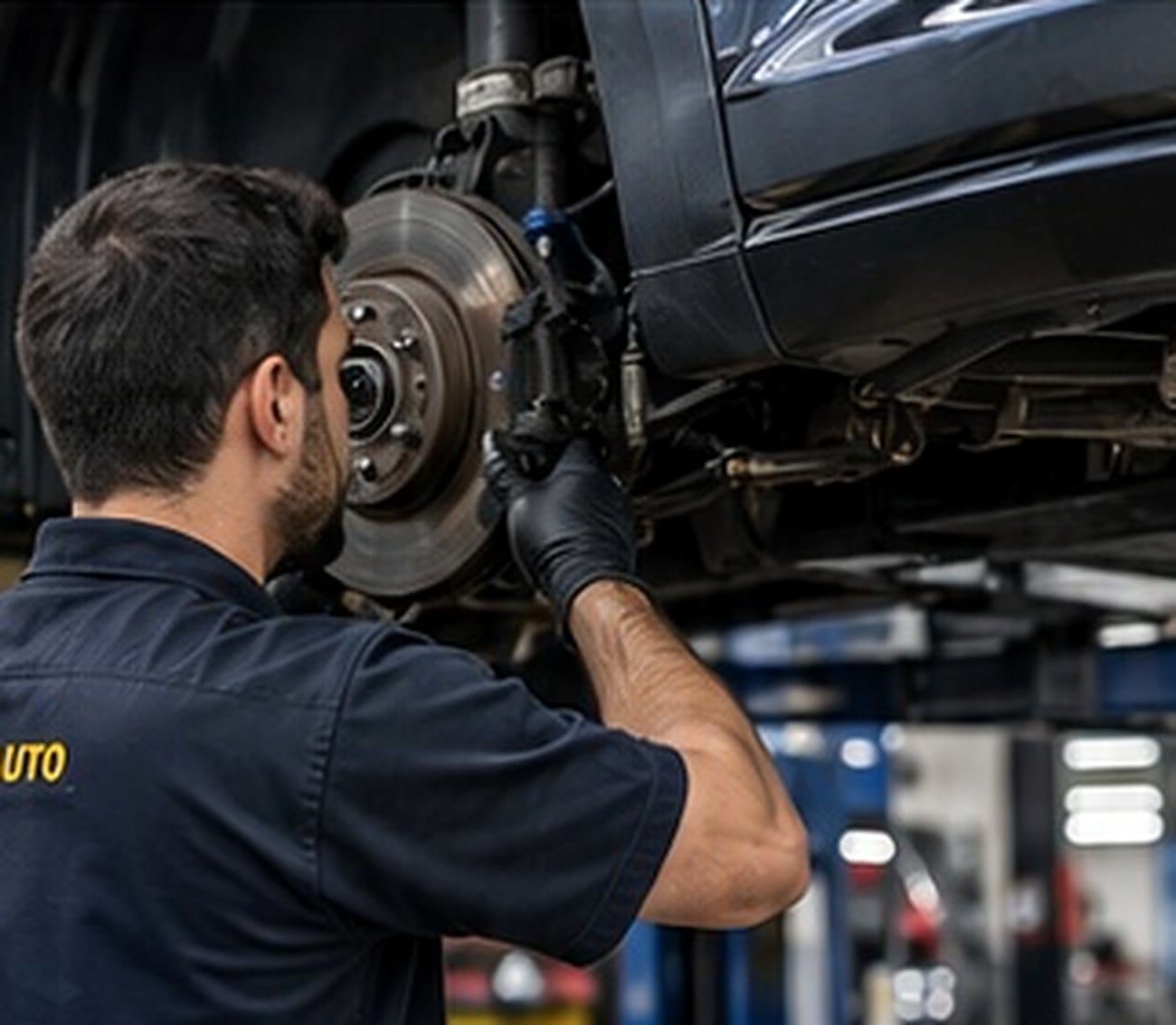 Alfa Auto mechanic inspecting brakes on a car on a hoist, Oakleigh South